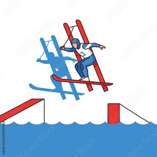 A stylized illustration of a ski jumper performing a jump over water.