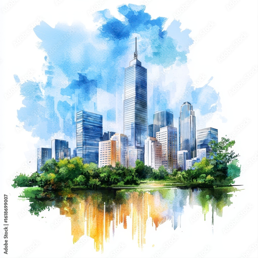 Fototapeta premium A picturesque watercolor painting depicts a vibrant modern cityscape reflecting in a calm lake showcasing a smart city skyline with tall buildings and lush green parkland.