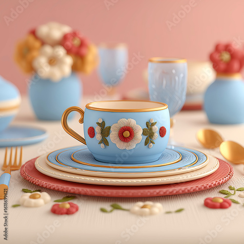 Elegant Floral Teacup and Dinnerware Arrangement in Pastel Tones Featuring Intricate Embroidery Design