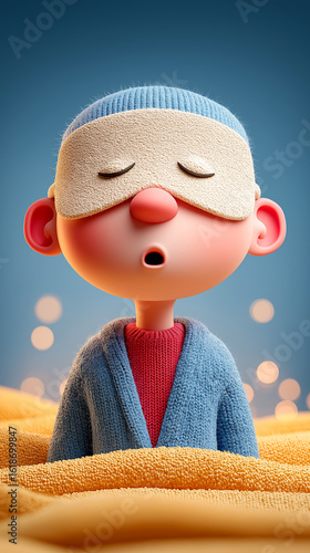 Cozy Cartoon Character in Sleep Mask and Robe with Relaxing Background