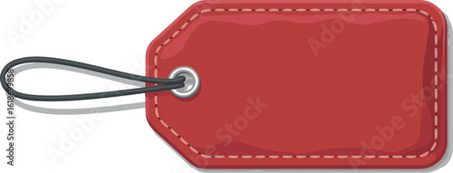Red rectangular tag with black string and stitching label