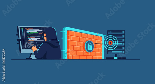 A hooded hacker attempts to breach a robust brick firewall protecting valuable data on a server, illustrating cybersecurity and network defense.