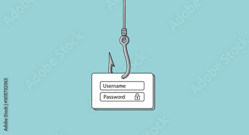 A digital illustration depicts a phishing scam, showing a login form on a hook, symbolizing the deceptive tactics used to steal credentials online.
