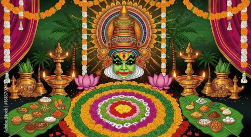 Traditional Onam Festival Celebration with Cultural Decor, Feasts, and Snake Boat Racing