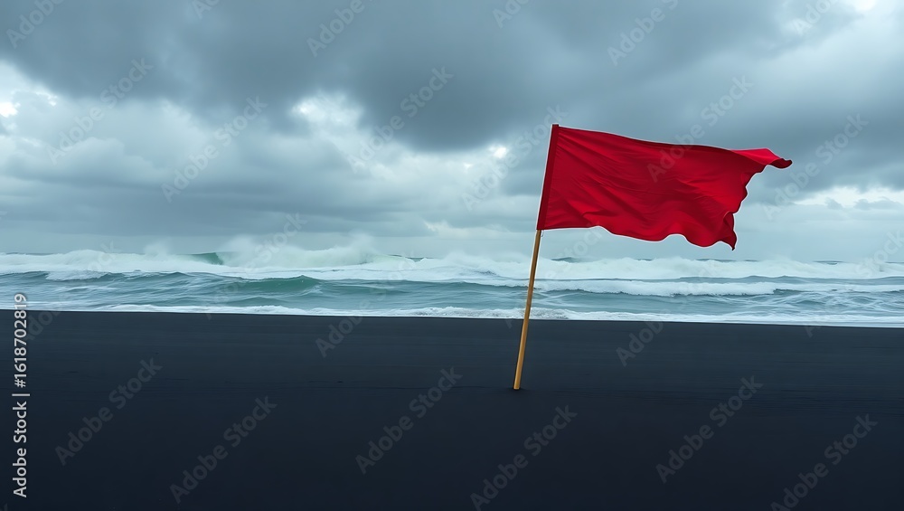 A red flag on a dark sand beach with waves and a cloudy sky warning of dangerous ocean conditions | national beach day A red flag on a dark sand beach with waves and a cloudy sky warning of dangerous ocean conditions | national beach day