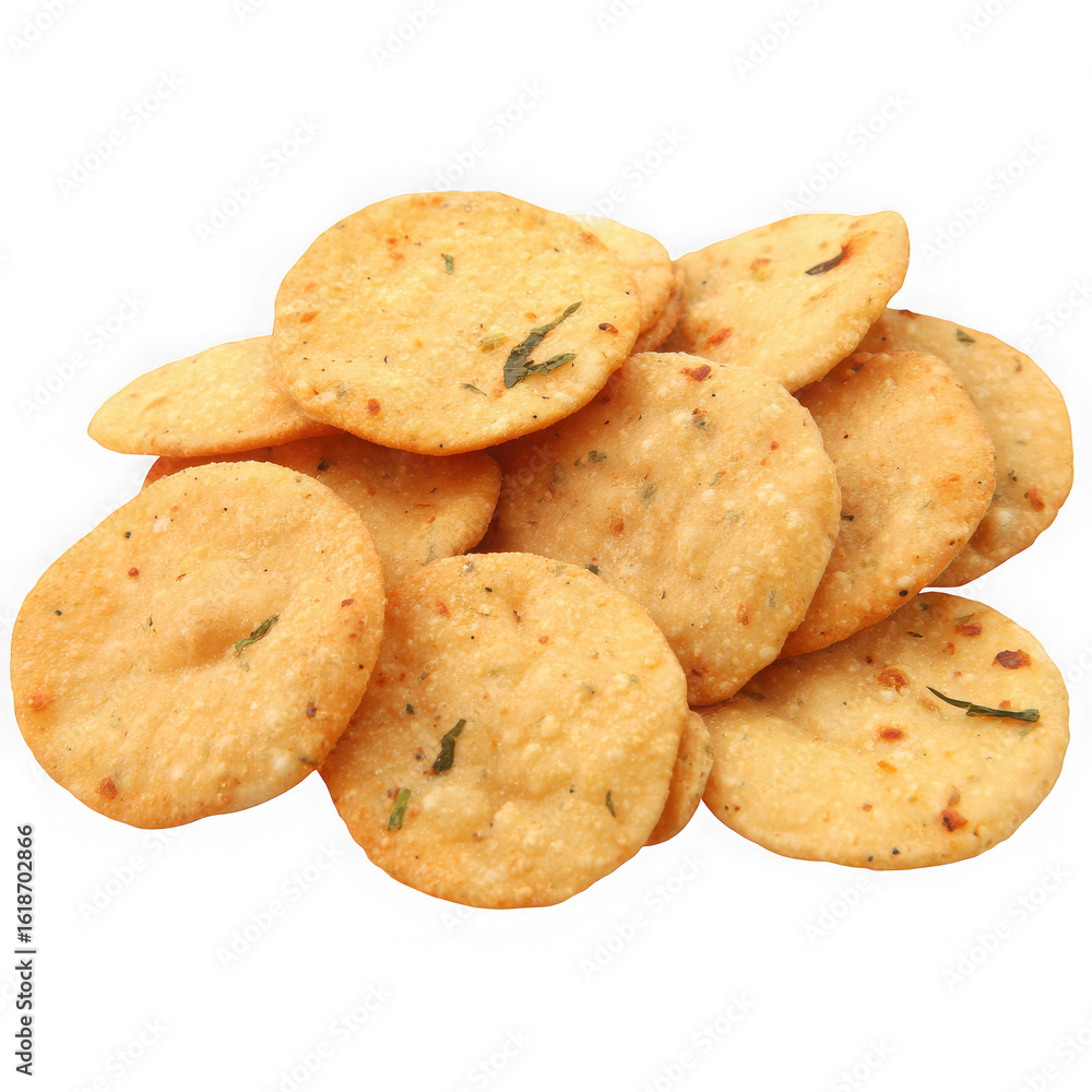 Pile of round savory indian snacks with herbs isolated on transparent background Pile of round savory indian snacks with herbs isolated on transparent background