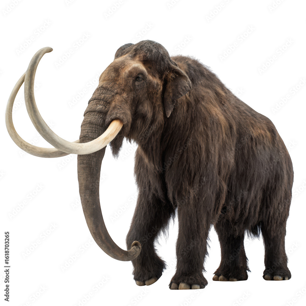 Obraz premium A majestic woolly mammoth stands tall, a relic of the ice age and a symbol of prehistoric wildlife isolated on transparent background