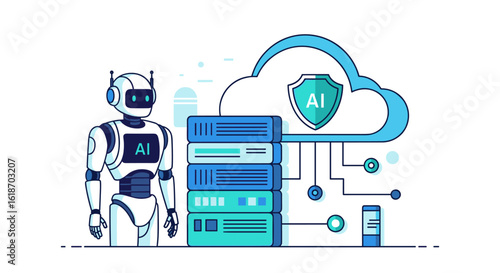 A futuristic cartoon illustration shows a robot with AI technology interacting with a cloud server, representing data security and digital transformation in a modern technological environment.