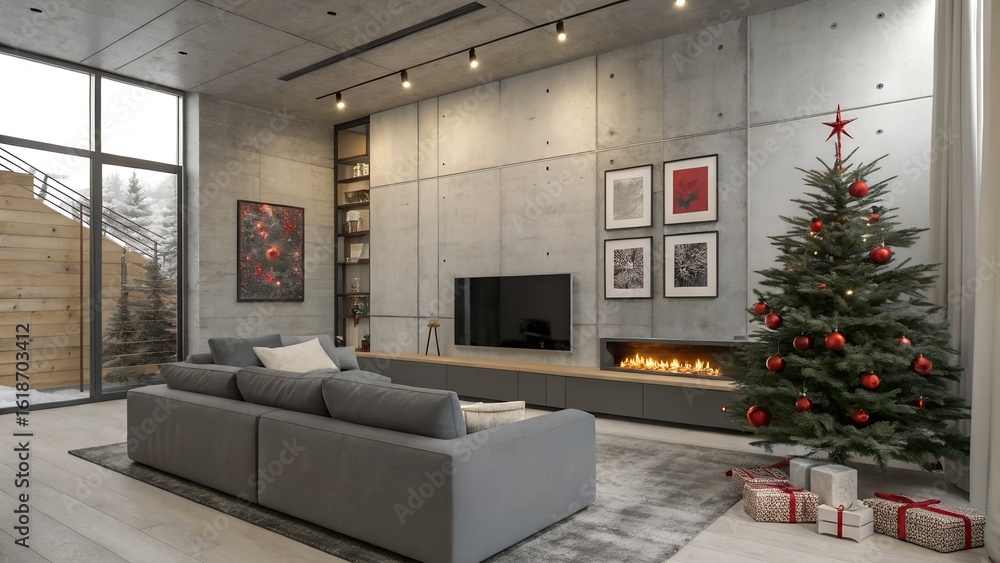 Fototapeta premium Loft Christmas Living Room with Red Tree Ornaments