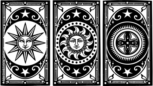 Illustration of three tarot card designs featuring sun and star motifs in black and white color scheme