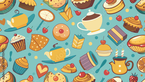 Whimsical sweet treats and tea party elements seamless pattern cupcake donut