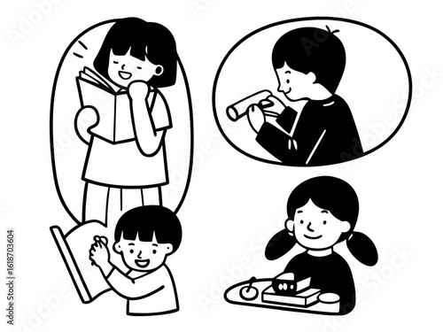 Simple black and white vector line drawing of children doing daily activities — brushing teeth, reading, playing with toys — cute and educational style for preschool coloring pages