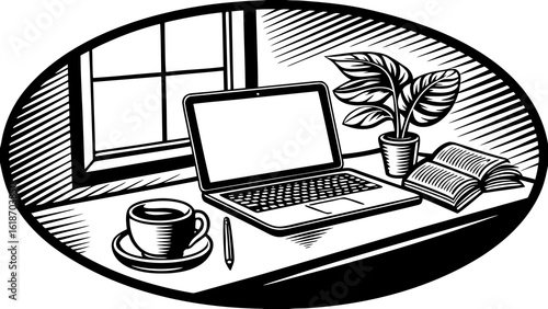 Illustration of a laptop on a desk with a cup of coffee plant and book near a window in black and white