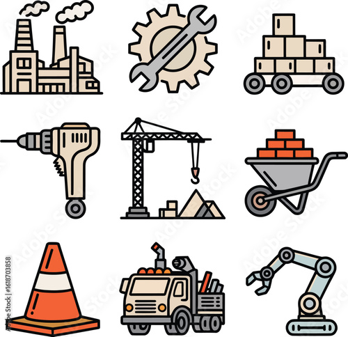 Industrial Labor Icon Set Featuring Factory, Gear with Wrench, Drill, Crane, Wheelbarrow, Traffic Cone, Truck, and Robotic Arm for Construction and Manufacturing Design