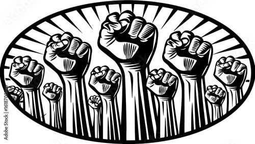 Illustration of multiple raised fists in black and white inside an oval shape with radiating lines behind them