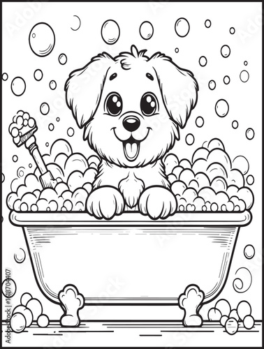 Printable Coloring page: Animal-themed coloring page: Dog coloring page: Funny dog taking a shower