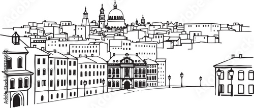 City landscape. Different buildings on street, outline cityscape hand sketch, flat houses. Hand drawn vector illustration