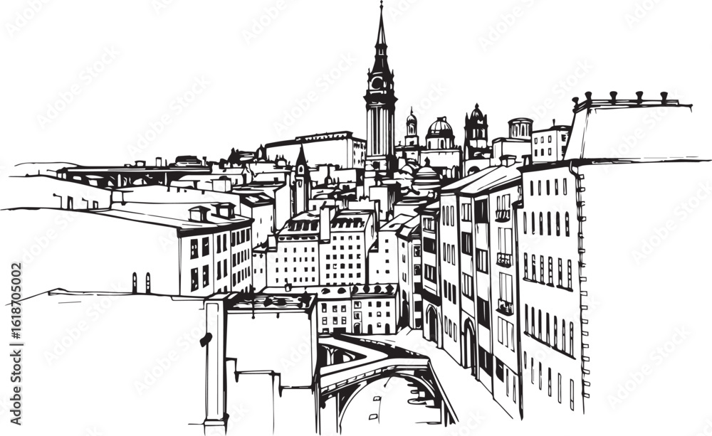 Obraz premium City landscape. Different buildings on street, outline cityscape hand sketch, flat houses. Hand drawn vector illustration