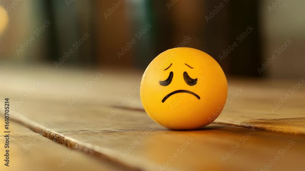Sad yellow emoticon on wooden floor, expressing unhappiness or disappointment