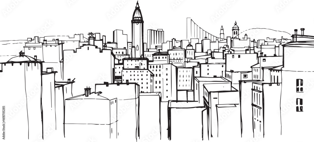 Obraz premium City landscape. Different buildings on street, outline cityscape hand sketch, flat houses. Hand drawn vector illustration