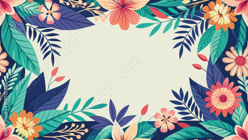 Colorful floral and leaf border with cream background and gradient shading leaves frame