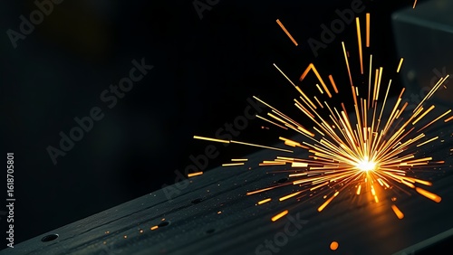 Close-up of glowing orange sparks on textured metal in a dark industrial environment.