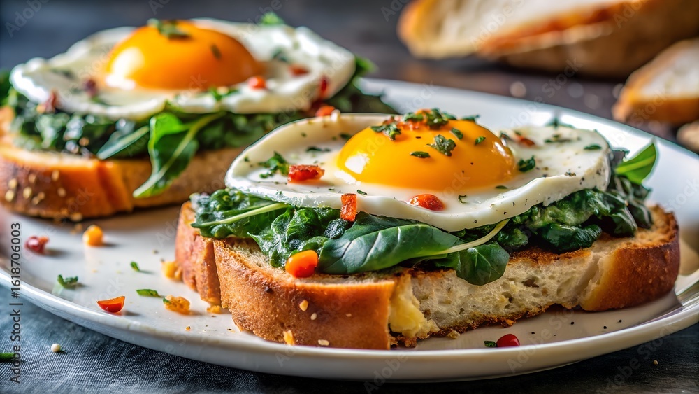 Delicious fried egg and spinach toast, gourmet breakfast, rustic style, appetizing food photography. Delicious fried egg and spinach toast, gourmet breakfast, rustic style, appetizing food photography.