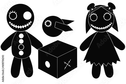 Vector silhouettes of possessed dolls stitched face, button eyes, torn dress, levitating limbs, haunted box black on white
