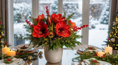 Weihnachtsstrauß mit Amaryllis und Tannengrün auf festlich gedecktem Tisch im Winter

