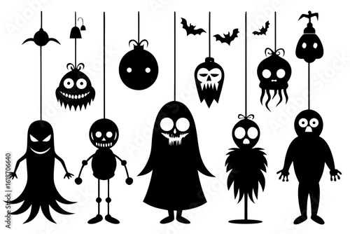 Horror theme pack with hanging ghosts, eyeballs, stitched dolls, creepy masks, and shadow creatures, black vector silhouette on white background