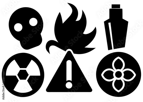 Urban danger symbols such as broken bottle, burning car, knife, warning cone, and biohazard bag, black vector silhouette on white background
