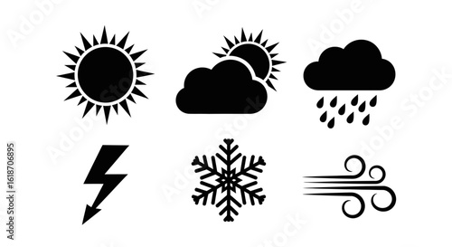 Simple black and white weather icons depicting various atmospheric conditions.