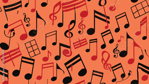 Scattered Black and Red Musical Notes on Orange Background Pattern treble clef eighth note