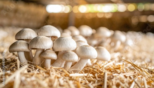 Macro photo of champignon mushrooms in a mushroom farm
