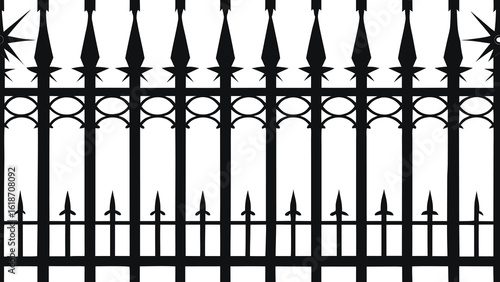 Black wrought iron fence with pointed finials and decorative scrollwork white