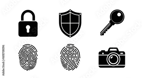 Collection of security and identification icons, including lock, shield, key, fingerprint, and camera.