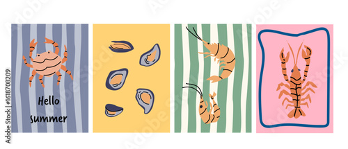 Amalfi nautical art poster featuring crab, mussels, shrimp, and lobster designs. Italian dolce vita flat vector illustrations set. 
