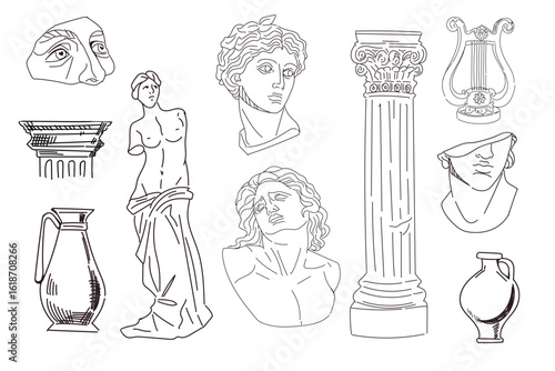 Greek  ancient sculpture. Outline illustrations of modern statues. Ancient harp and vases. Retro style. Sticker pack. Vector eps