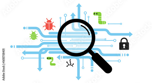 An illustration depicts a magnifying glass examining a digital network with bugs and a lock, representing cybersecurity and data protection.