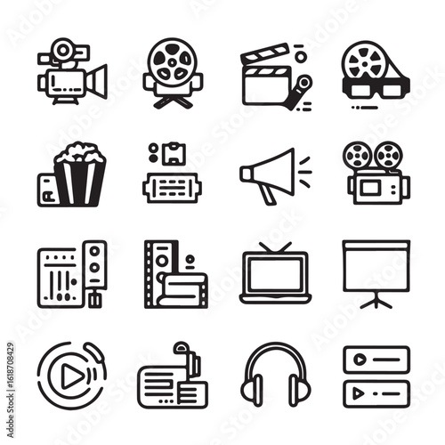 Movie Theater & Film Icons – Line Style Set