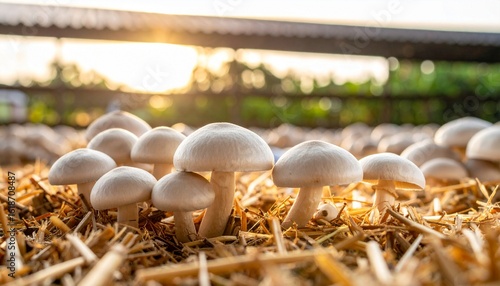 Macro photo of champignon mushrooms in a mushroom farm