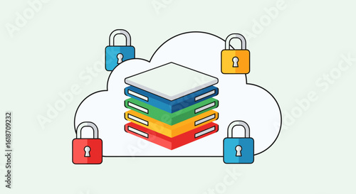 A colorful illustration depicts secure cloud computing with layered data protected by multiple padlocks, symbolizing robust digital security.