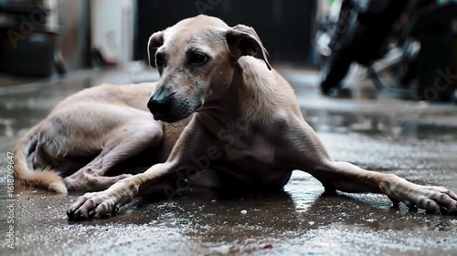 Thin lightbrown dog lies prone on wet surface limbs splayed looking directly at viewer Buildings and vehicle in background