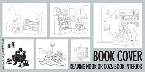 Book Cover Template with Reading Nook and Cozy Book Interior Illustrations for Coloring Books and Educational Materials