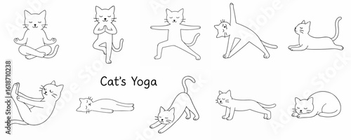 Black and white line drawing of cartoon cats performing various yoga poses, with Cat’s Yoga text. Wellness and pet.
