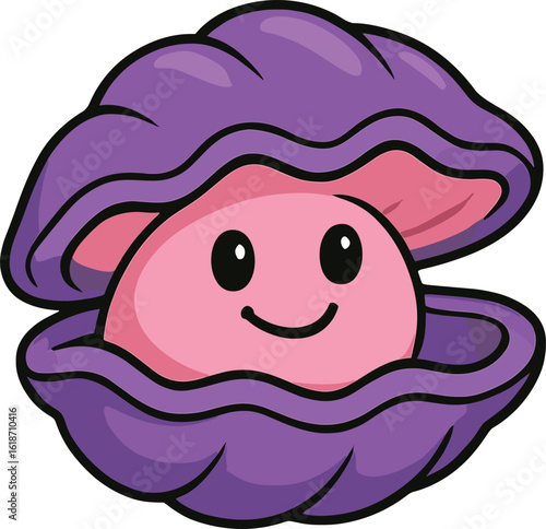 Cartoon clam vector illustration, smiling pearl artwork, purple shell clipart, marine life character, underwater treasure, ocean-themed design