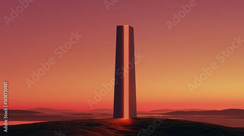 A sleek obelisk with neon lights.