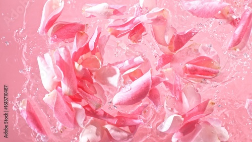 Rose blossoms falling on wa...