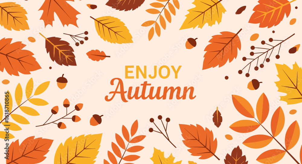 Flat illustration of an inviting autumn background with colorful leaves, berries, and acorns framing the text 