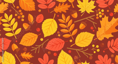 Flat illustration of a seamless autumn pattern with vibrant yellow, orange, and red leaves, acorns, and berries on a dark brown background. Perfect for fall-themed textures